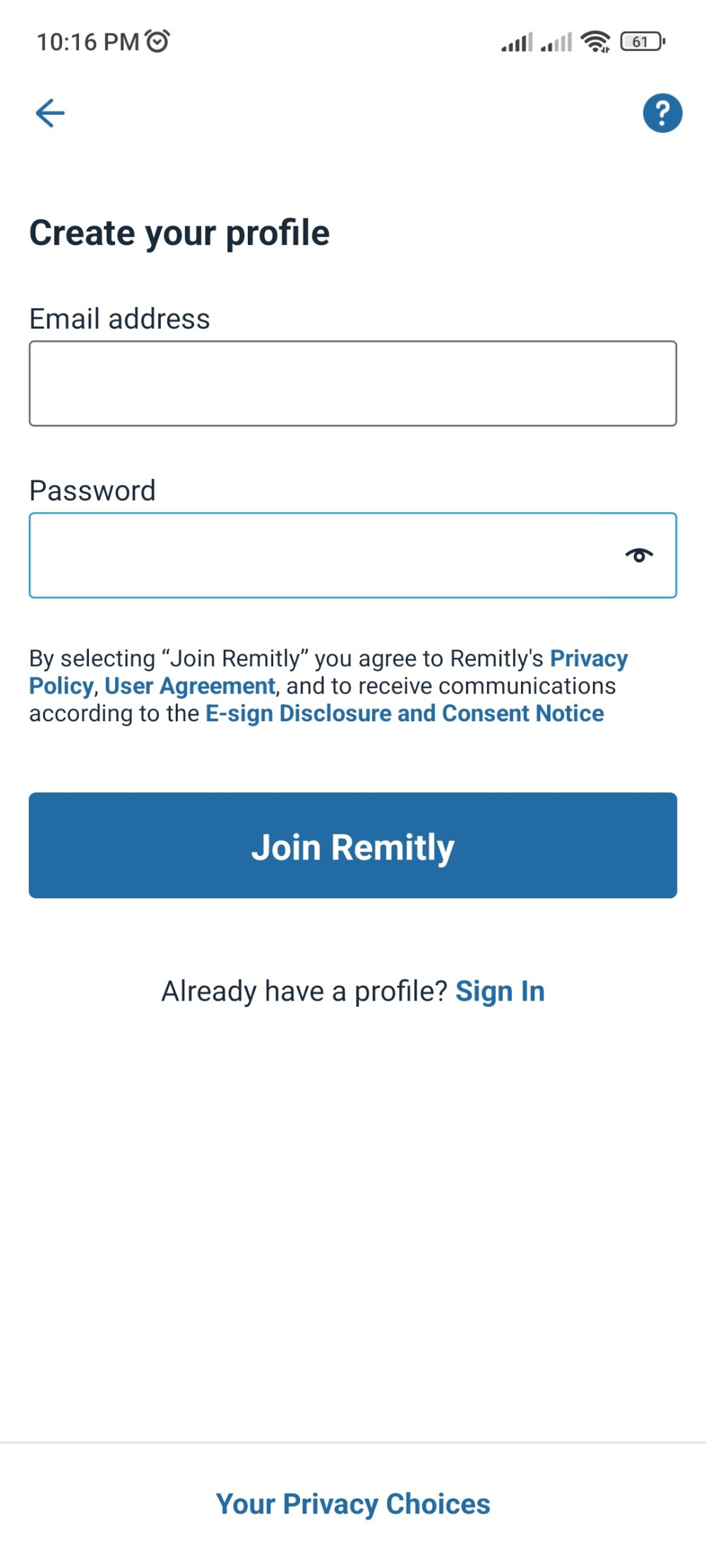 Remitly sign-up screen